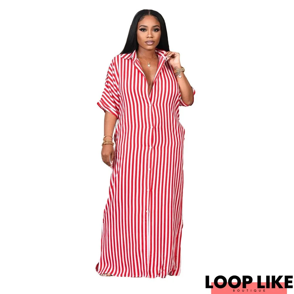 Medium Sleeve Loose Striped Shirt Long Dress