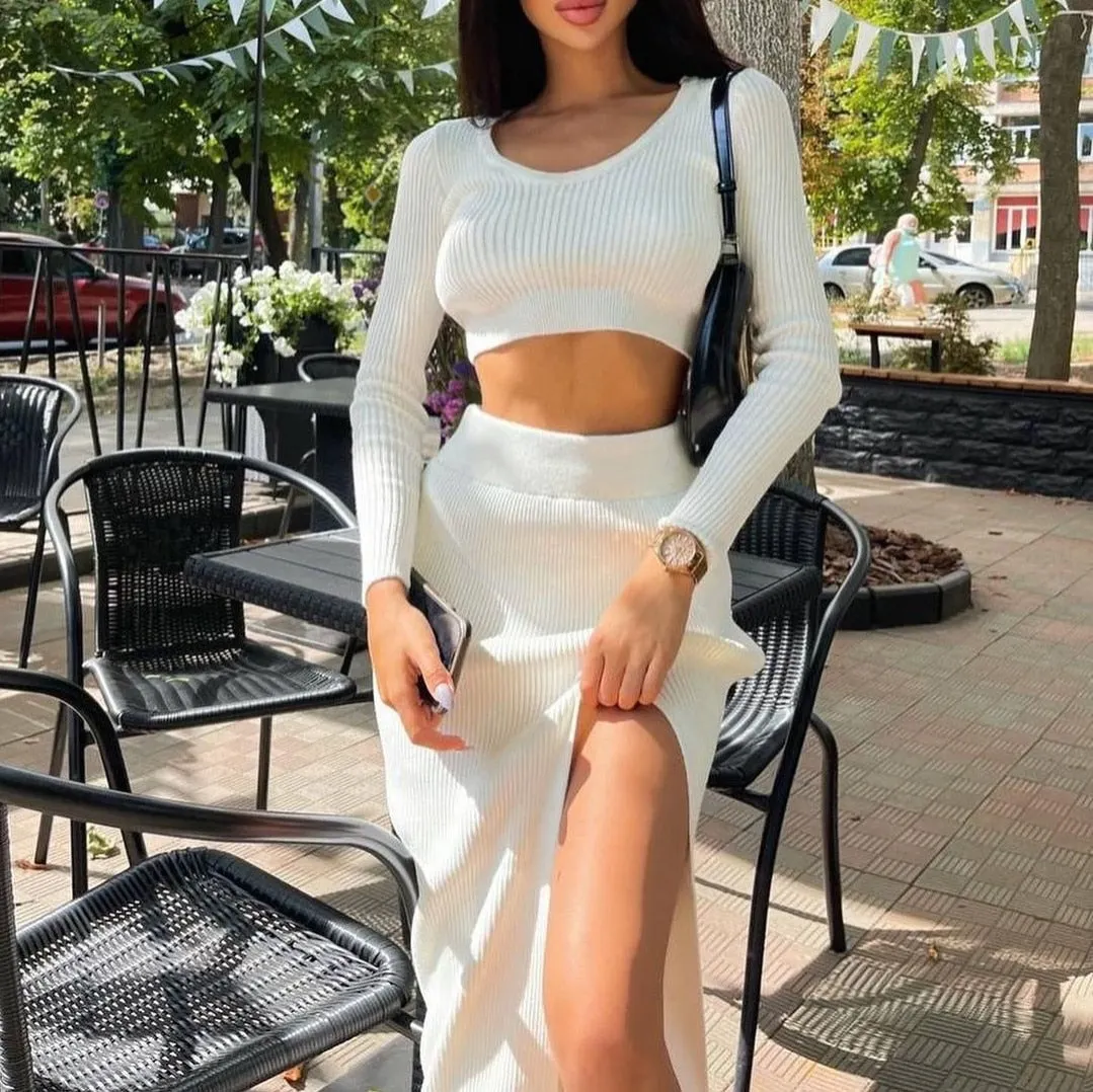 wsevypo Autumn Chic Casual Knitted Two-pieces Skirts Suits Women's Sets Long Sleeve Cropped Pulloves+Split Midi Bodycon Skirts