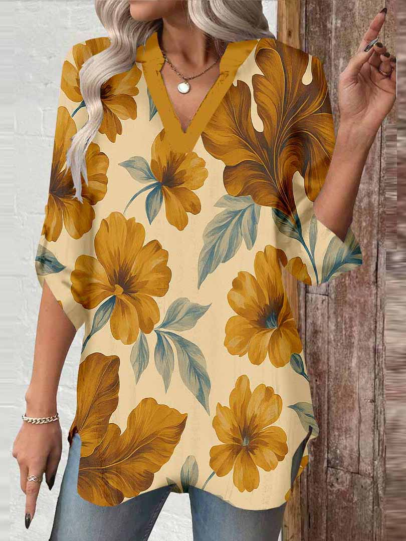 Women Floral, Yellow, Blue DZGA0214 3/4 Sleeve V-neck Printed Graphic Button Tops