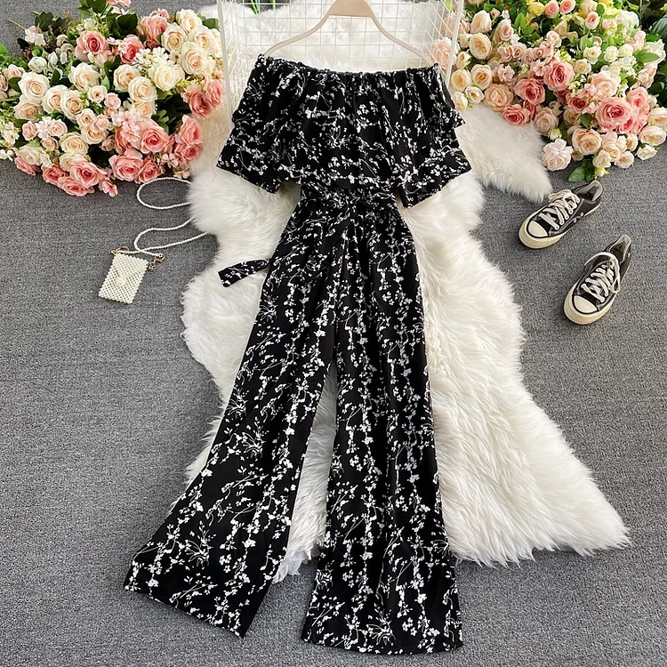 Vioye Floral Waist Slimming Peplum Off Shoulder Jumpsuit