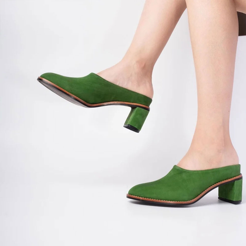 Green Vegan Suede Slip-On Round Toe Chunky Heel Mule Shoes for Women Nicepairs