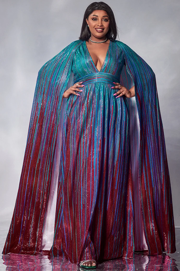 Xpluswear Design Plus Size Semi Formal Maxi Dresses Elegant Burgundy V Neck Cape Sleeve Long Sleeve Glitter Fabric Maxi Dresses [Pre-Order]