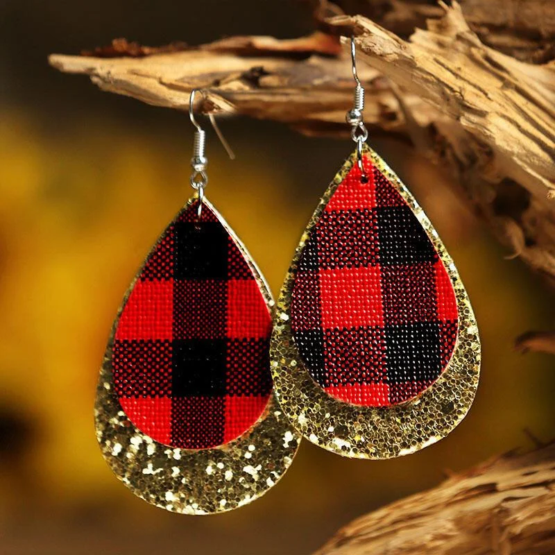2 Layered Sequin Plaid Leather Earring