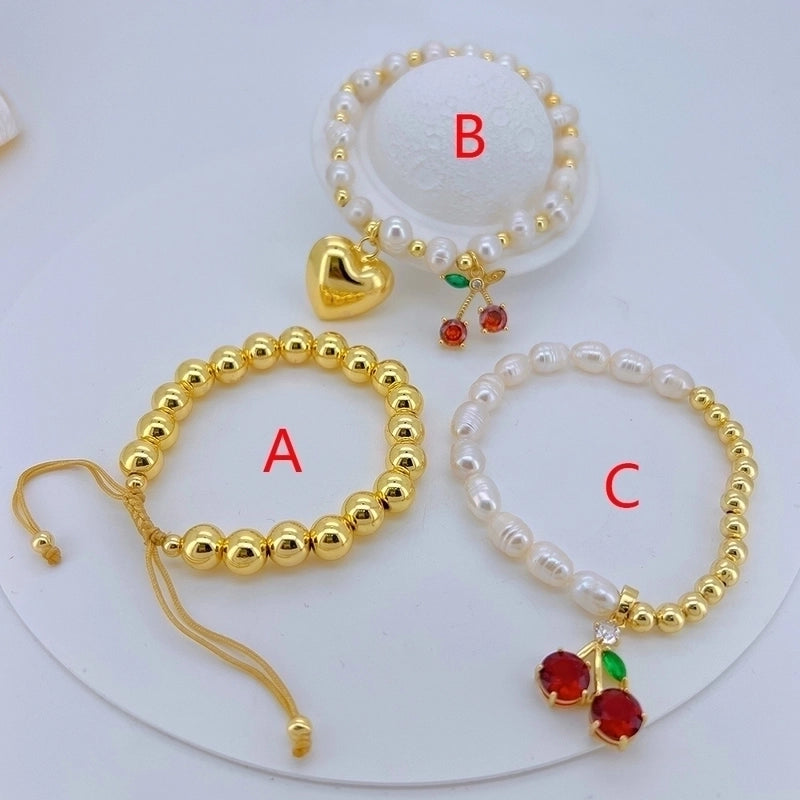 Casual Minimalist Cherry Heart Shape Freshwater Pearl Copper Zircon 18K Gold Plated Polishing Inlay Bracelets