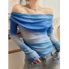 Tie Dye Off Shoulder Mesh Long Sleeve Tee