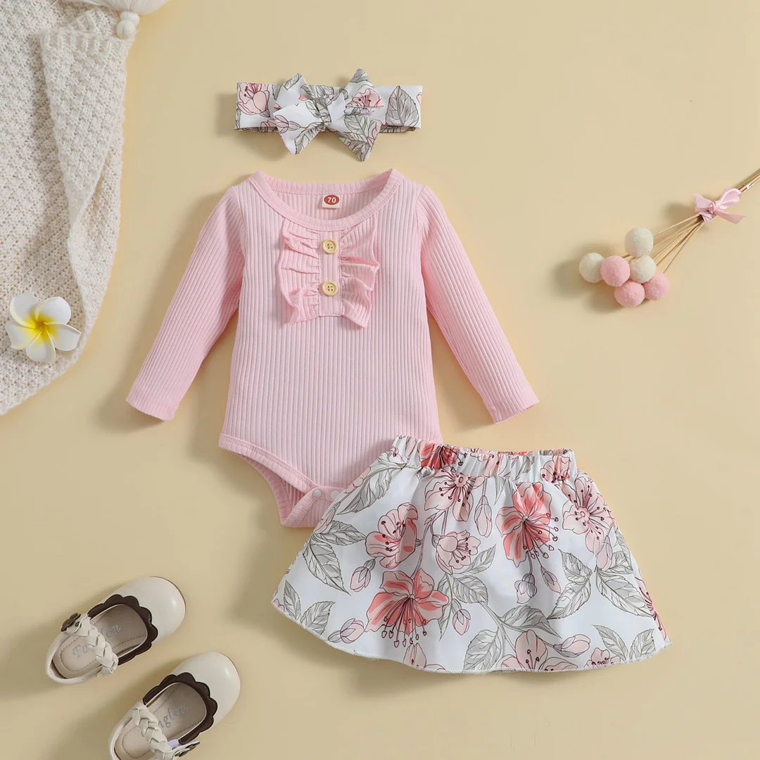 3PCS Lovely Solid Color Floral Printed Baby Set