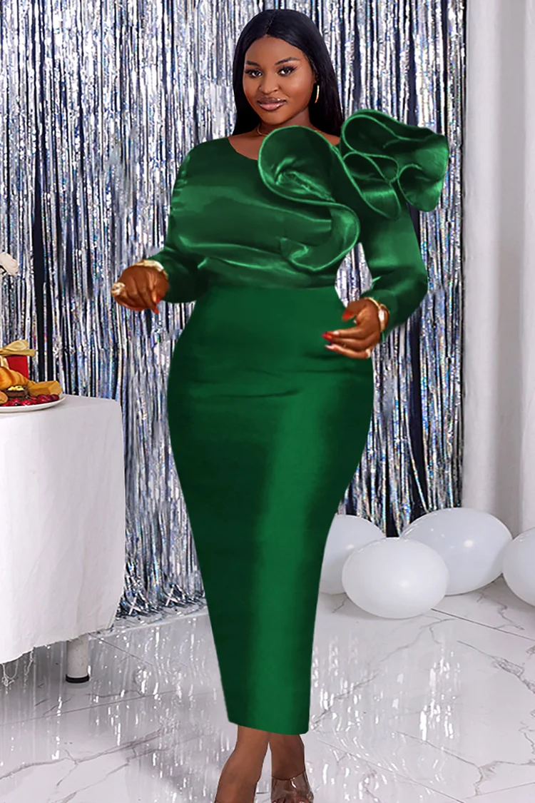 3D Ruffed Trim Long Sleeve Bodycon Formal Party Midi Dresses-Green