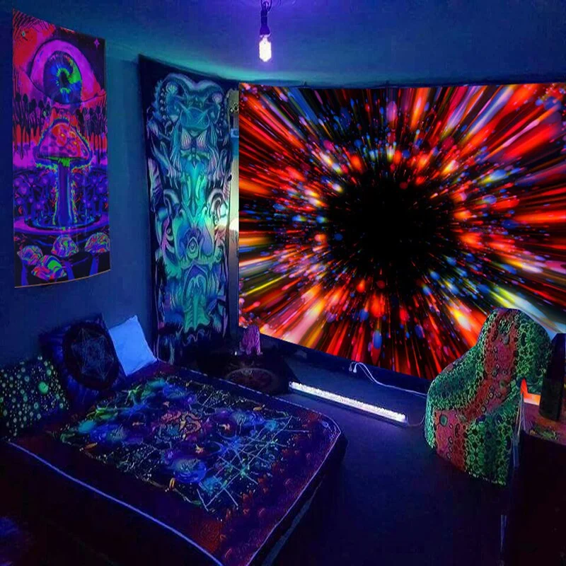 Fluorescent Starry Tapestry Skeleton Mushroom Psychedelic Black Light Wall Hanging Cloth DIY Home Decoration Trippy Room Decor