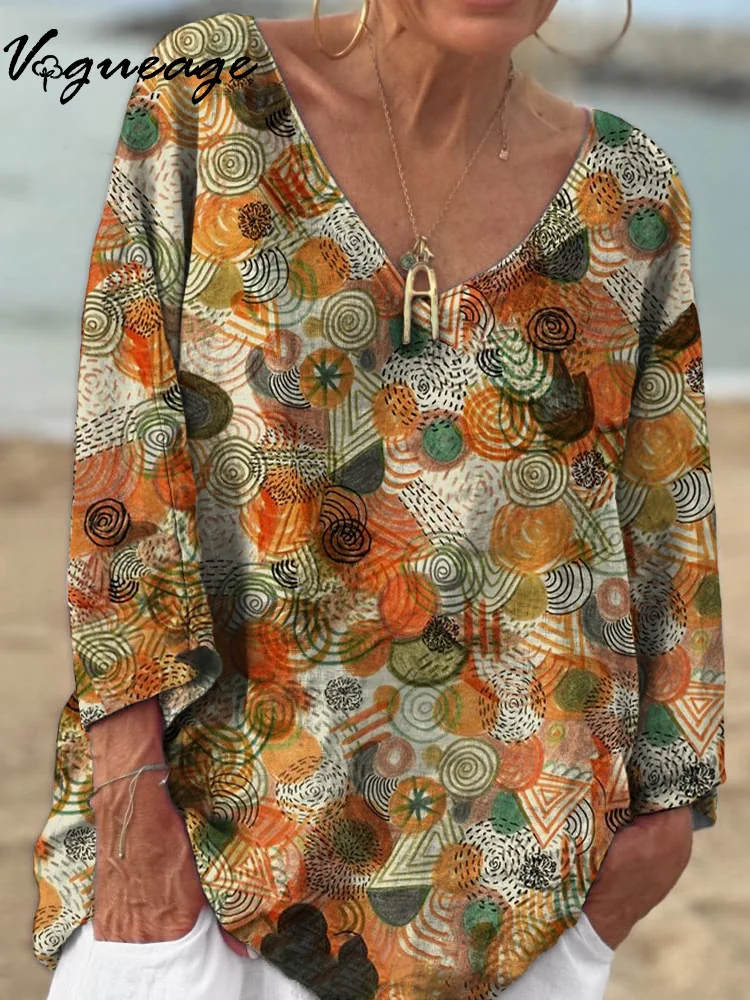 Casual And Generous Watercolor Line Circle 3/4 Sleeves Printed Cotton And Linen Shirt