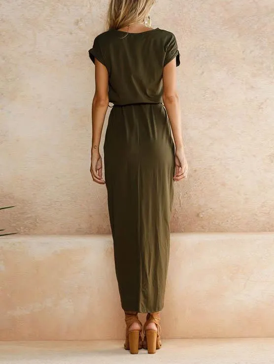 Solid Color Round Neck Split Hem Dress