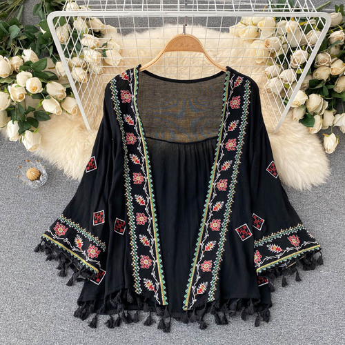 Ballifyex Sexy Boho Tassel Embroidery Sheer Loose Beach Cover Up Casual Cover-ups Vacation Beach Dress Beach Wear Beachwear Female Women