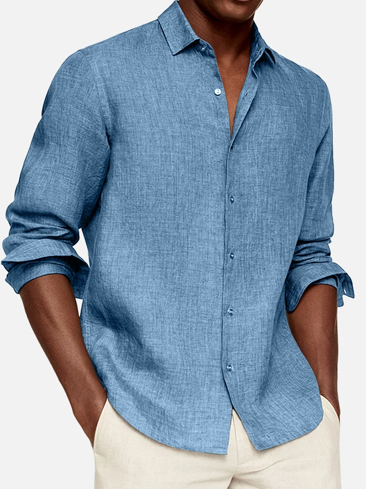 Men's Casual Solid Color Cotton Lapel Long-Sleeve Shirt
