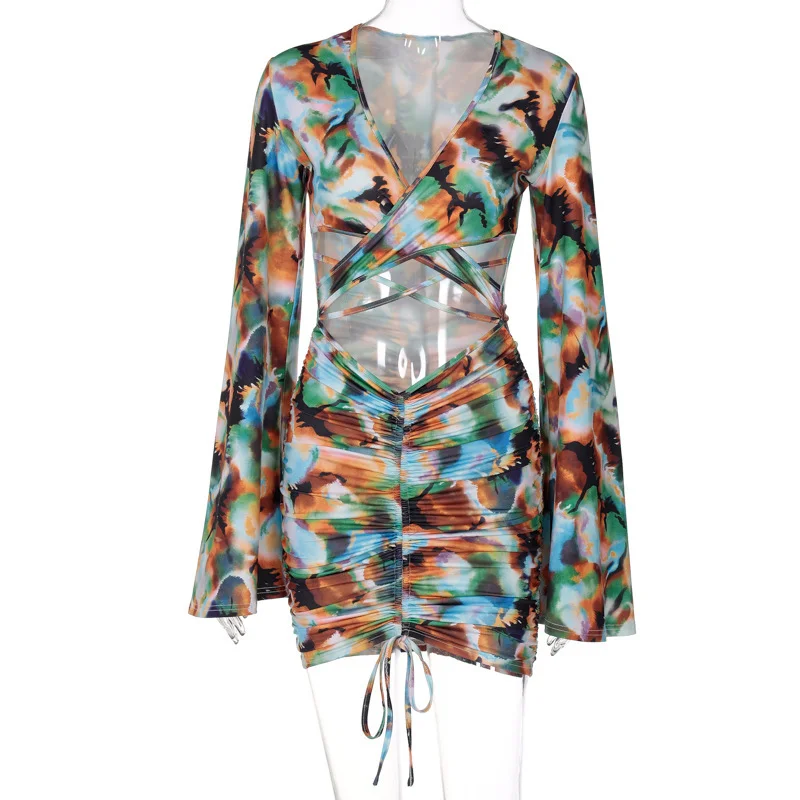 2023 Fashion Ruched Bodycon Tie Dye Print Long Flare Sleeves Hollow Out Mini  Dress Women Fall Winter Female