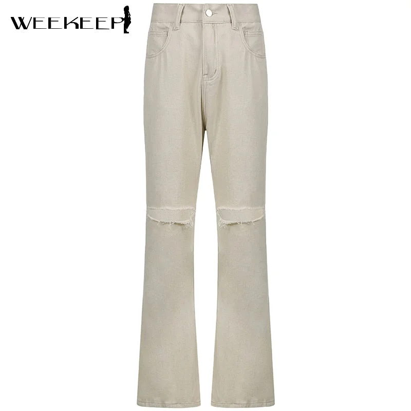 Weekeep Streetwear Ripped Straight Jeans Women High Waist Loose Hollow Out Hole Denim Pants Summer Casual Harajuku New Aesthetic