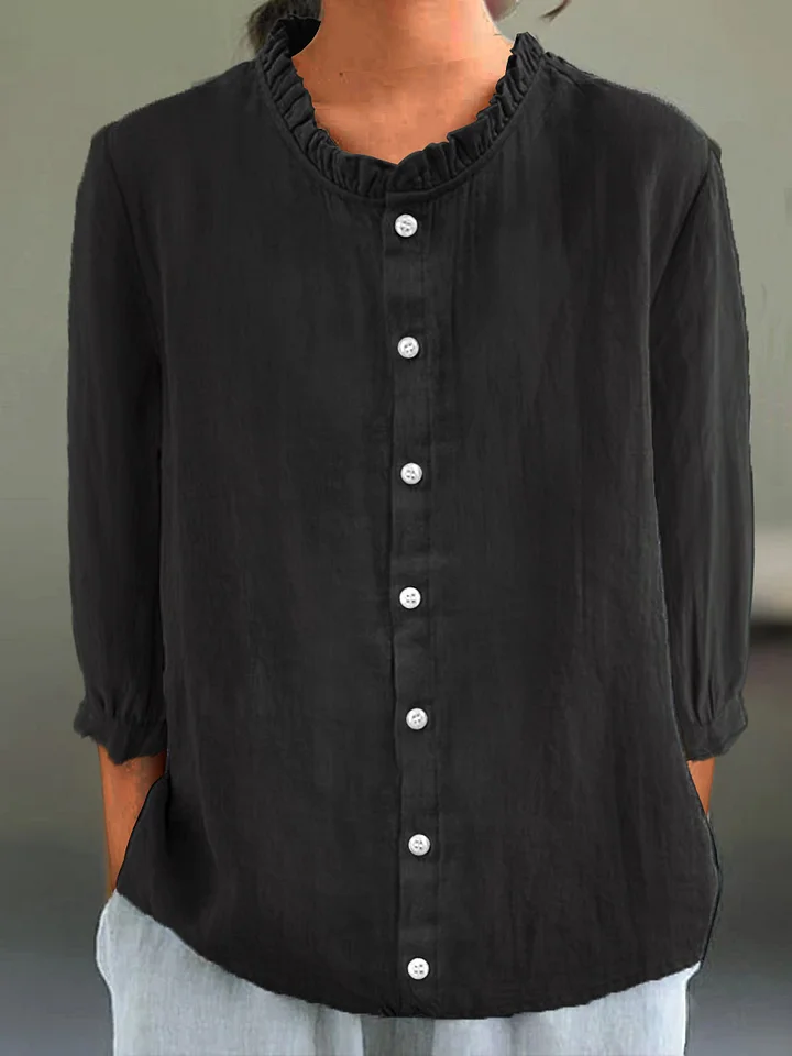 Women's Casual Cotton And Linen Ruffle Collar 3/4 Sleeve Shirt