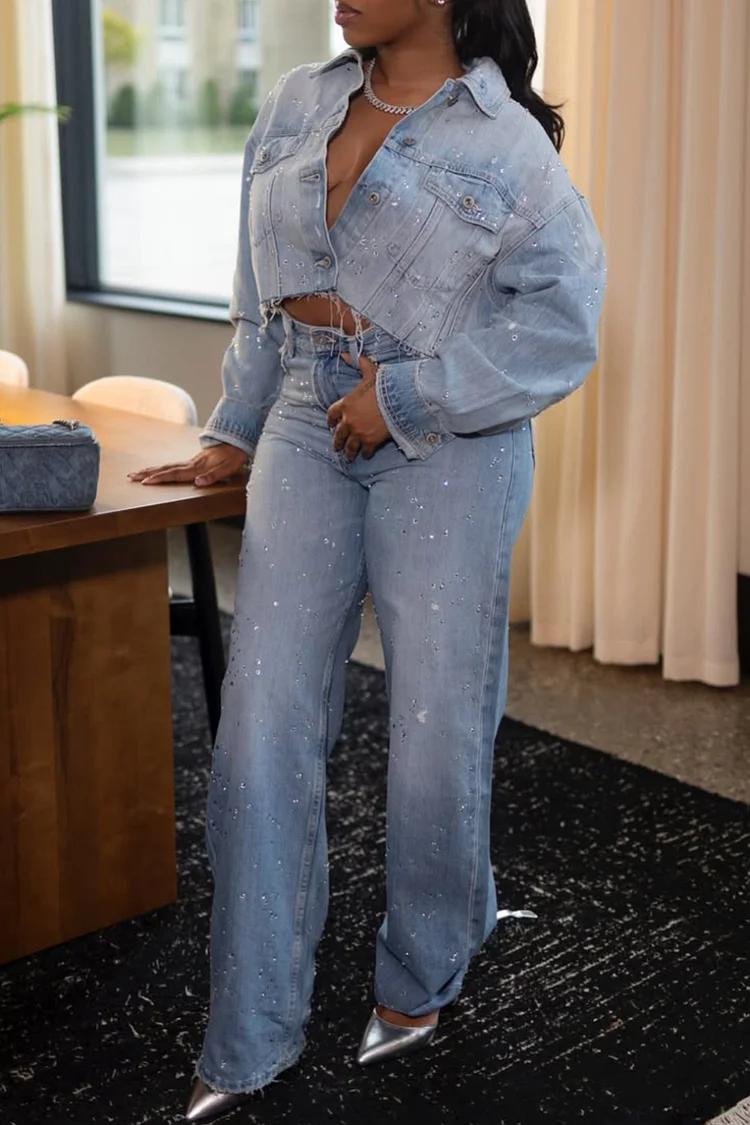 Plus Size Party Light Blue Shirt Collar Long Sleeve Drilling Pocket Denim Two Piece Pant Sets [Pre-Order]