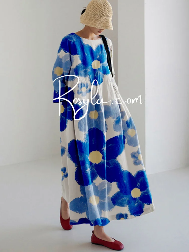 Women's Casual Blue Flowers Print Long Sleeve Midi Dress