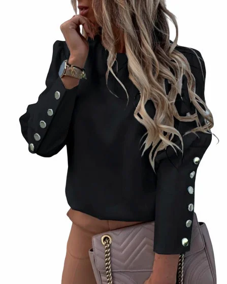 Uveng Uveng Ebaywish Explosion Ins Net Red Long-Sleeved Round Collar Metal Buckle Top