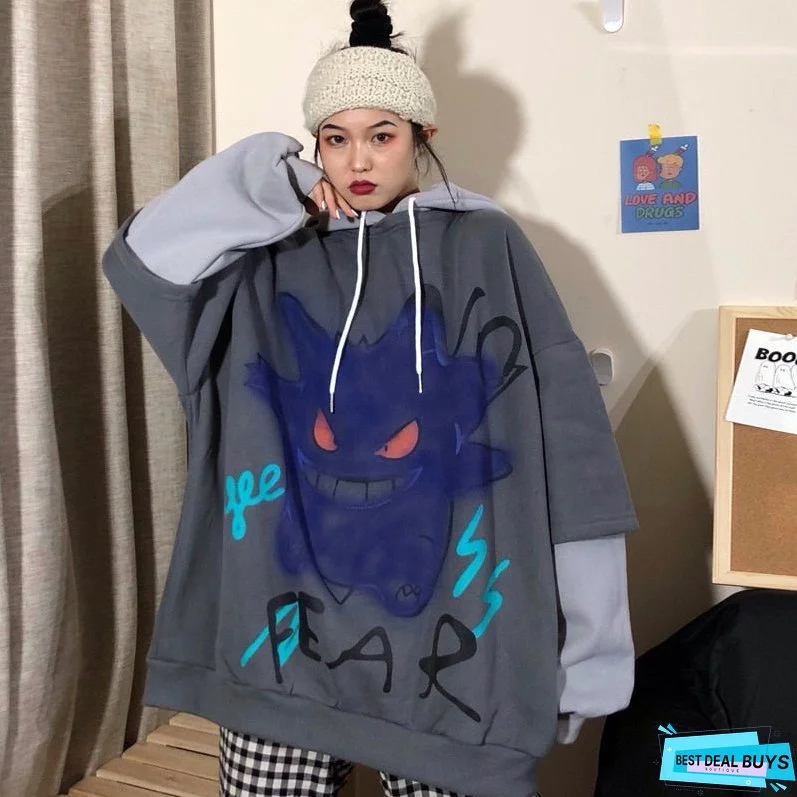 Christmas Gift QWEEK Harajuku Hoodie Women Print Pullover Korean Oversized Sweatshirt Long Sleeve Hoodies Grunge Hoodie Halloween Monster Chic