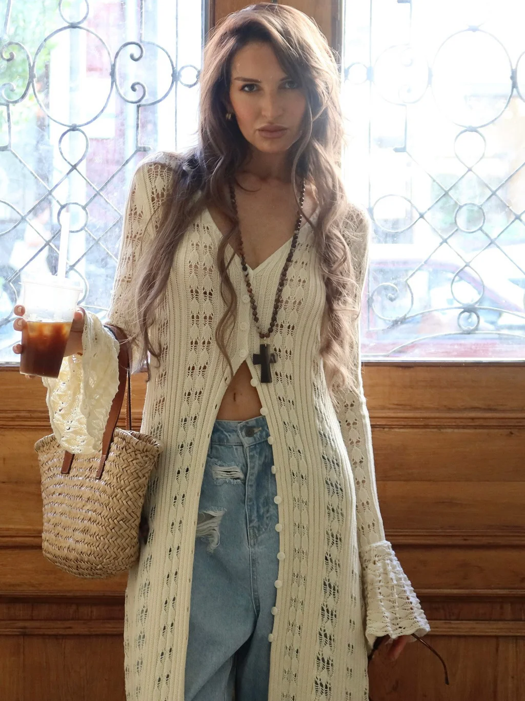 Athvotar Athvotar Attitude Babes Personality Style Long Design Knitted Cardigan Women's Hollow Hook Flower Solid Color High Sense