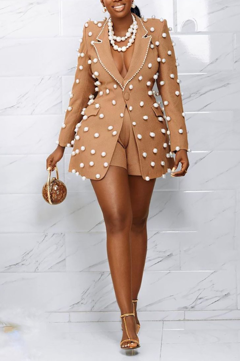 Plus Size Party Short Sets Elegant Khaki Fall Winter Turndown Collar Long Sleeve Pearls Blazer Short Sets [Pre-Order]
