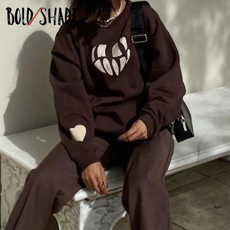 Bold Shade Heart Printed Brown Hoodies Fairy Grunge 90s Style Streetwear Loose Sweatshirts Women Indie Vintage Fashion Y2K Tops