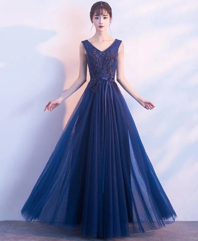 Blue V Neck Tulle Lace Long Prom Dress