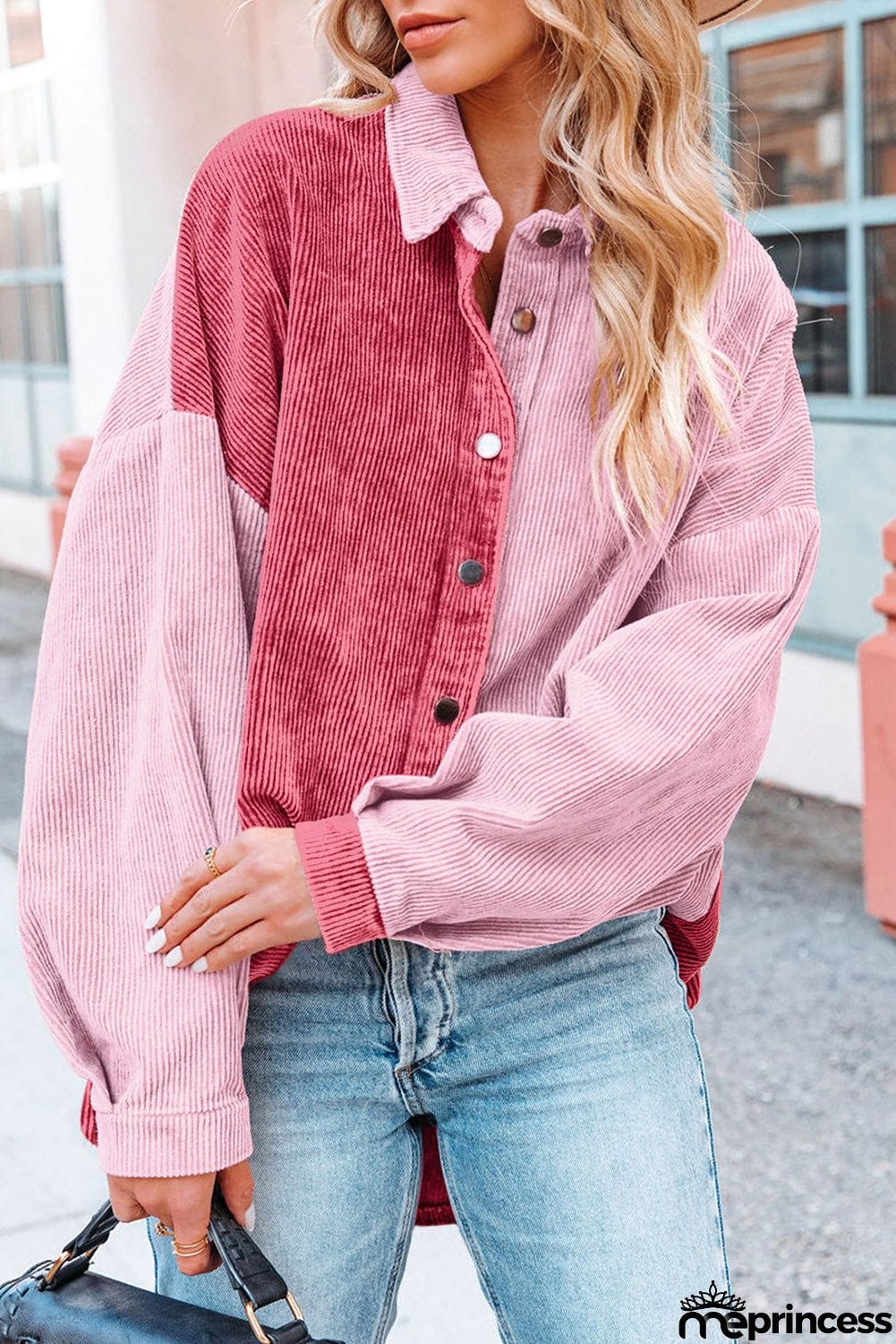 Drop Shoulder Colorblock Corduroy Shacket