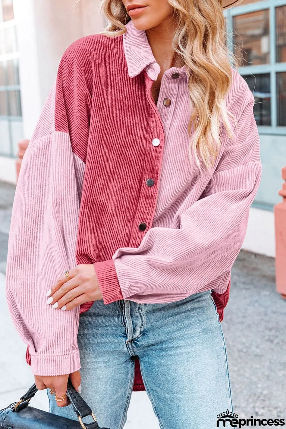 Drop Shoulder Colorblock Corduroy Shacket