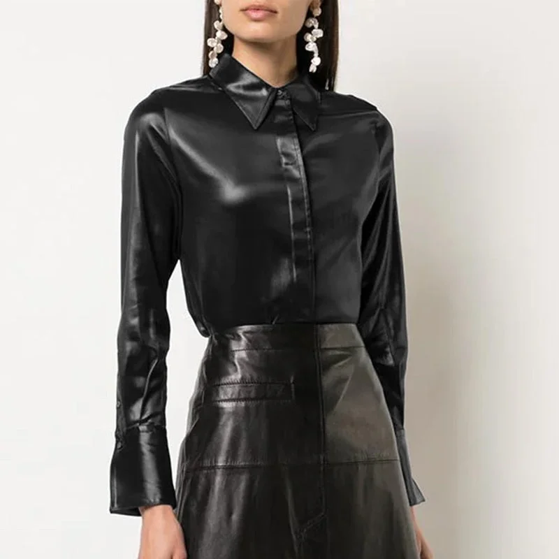 Oversized Women PU Shirts 2022 Celmia Fashion Long Sleeve Buttons Vintage Casual Leather Blouses Lapel Solid Tops Streetwear