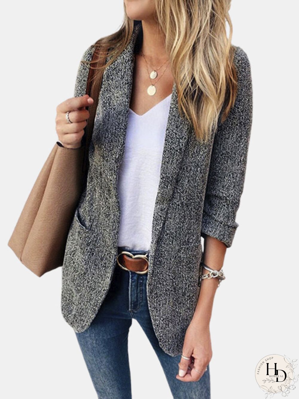 Solid Color Long Sleeve Lapel Collar Pocket Blazer For Women