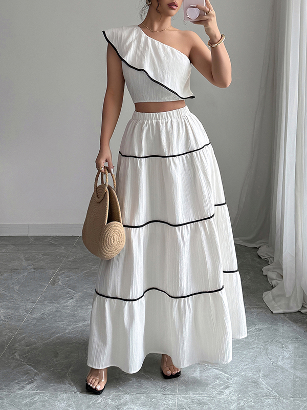 One-Shoulder Sleeveless Elasticity Pleated Vest Top + A-Line Skirts Bottom Two Pieces Set WHITE-M
