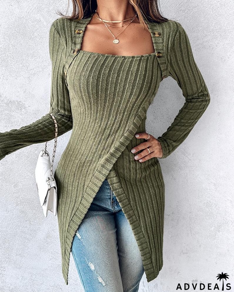 Buttoned Slit Asymmetrical Neck Knit Top