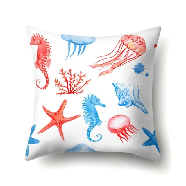 Linen Pillow Case - Sea Landscape Crab Seashell Seahorse
