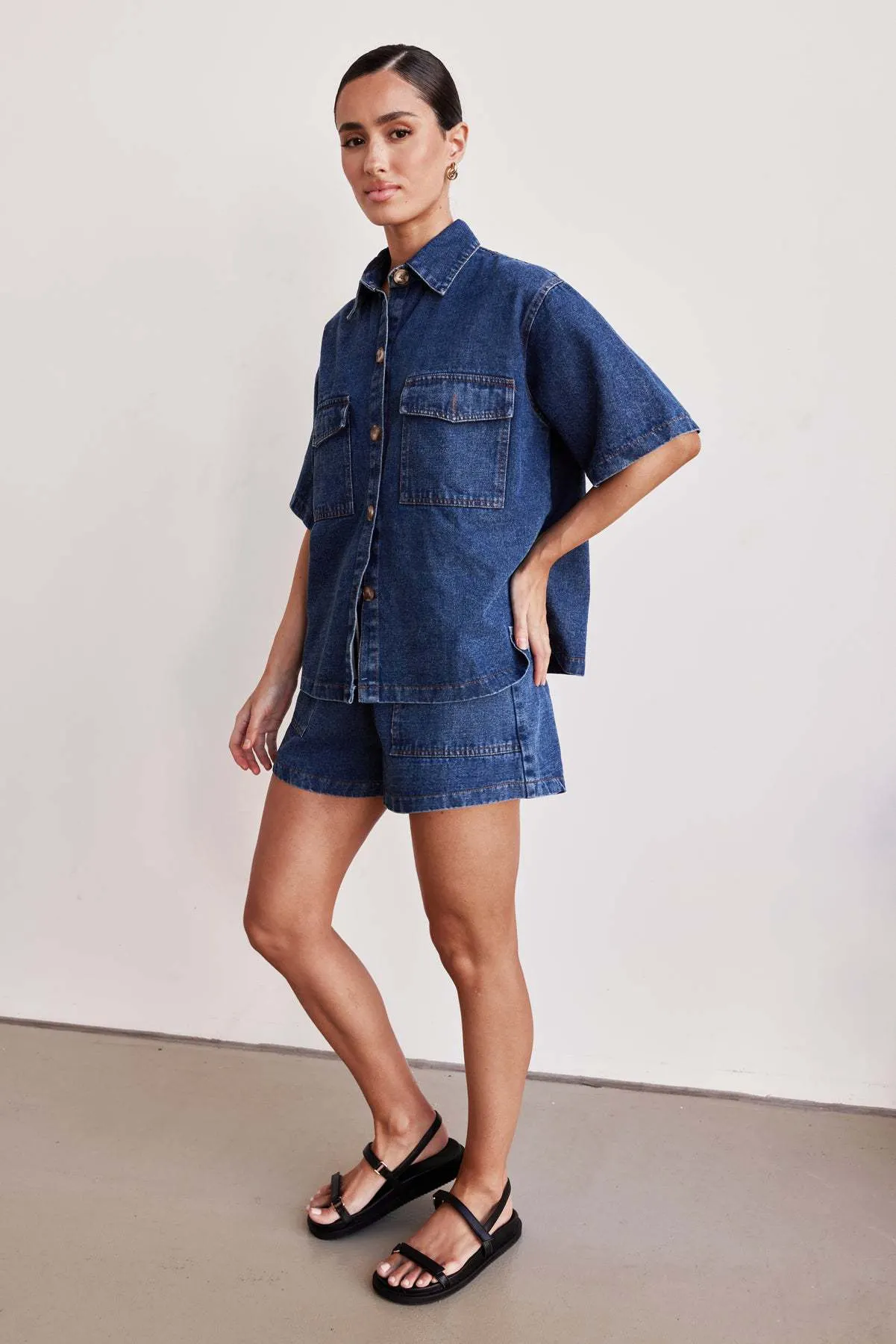 Retro Casual Loose Pockets Short Sleeved Shirt Shorts Denim Two Piece Sets