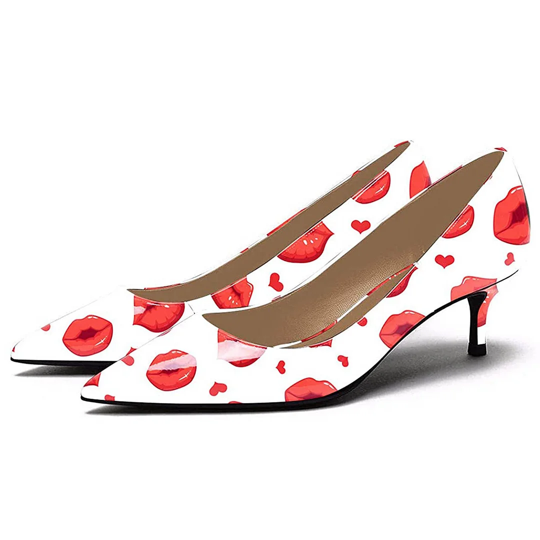Red & White Patent Leather Pointed Toe Heels with Kiss Print