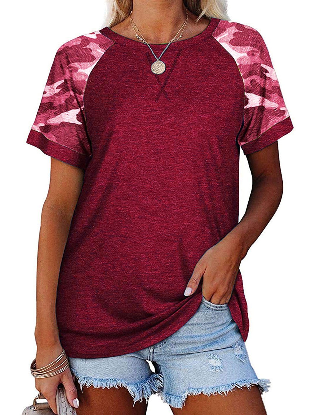 Women Short Sleeve Scoop Neck Printed Stitching Top