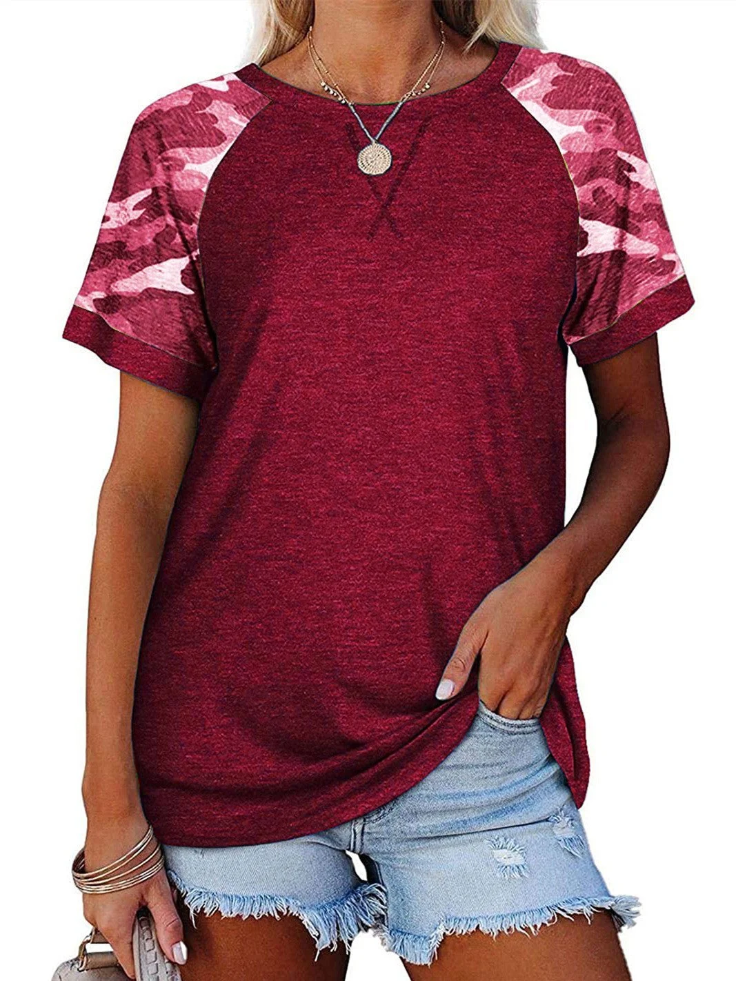 Women Short Sleeve Scoop Neck Printed Stitching Top