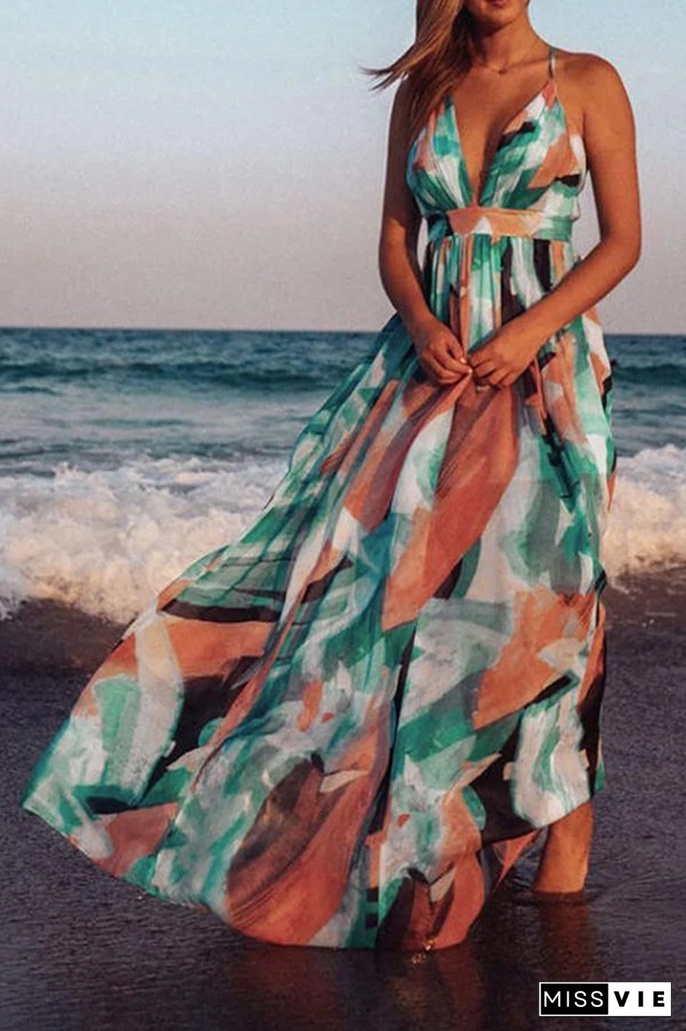 V-neck Beach Printed Dress P16210