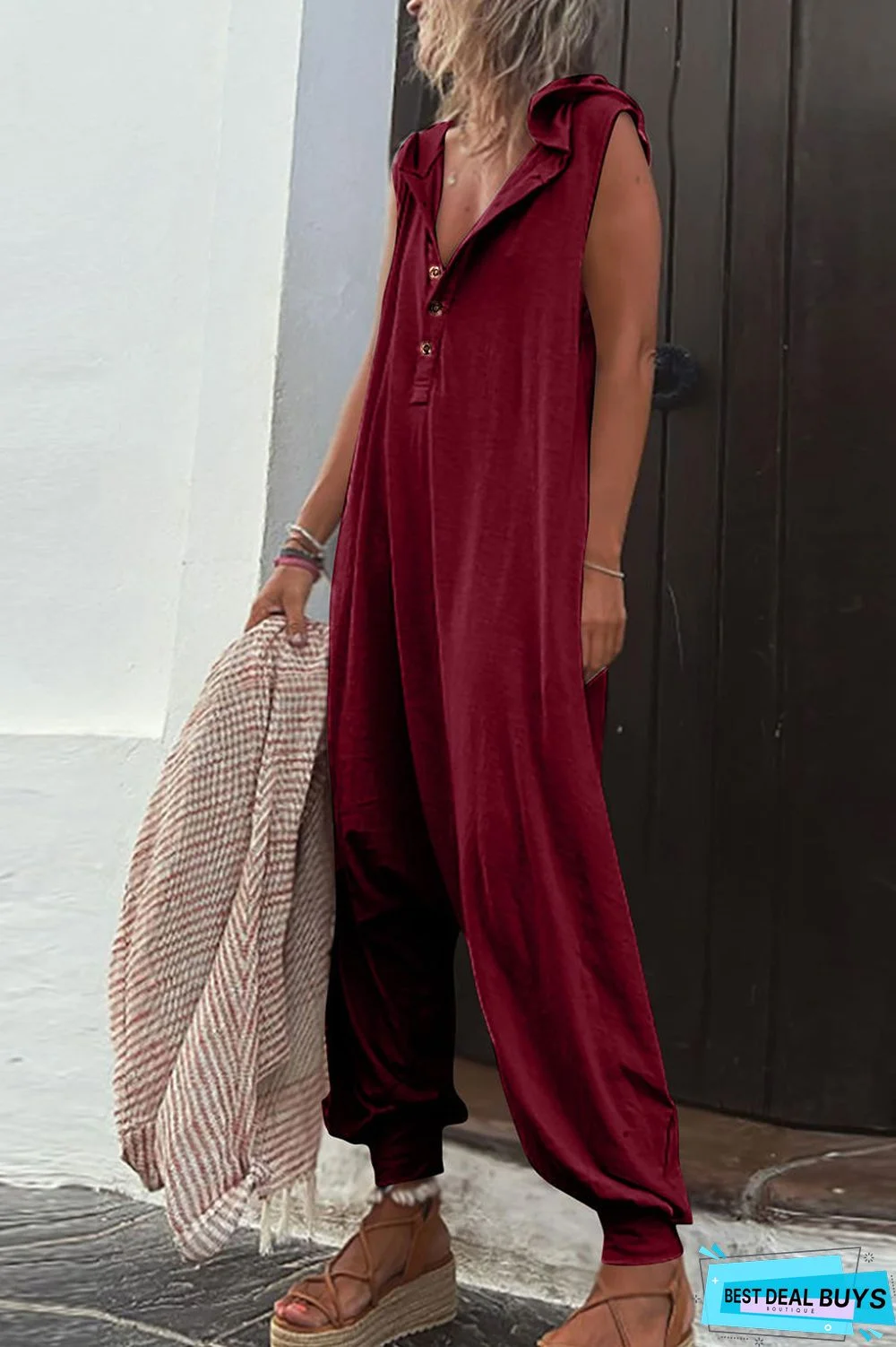 Casual Solid Buckle Hooded Collar Loose Jumpsuits(10 Colors)