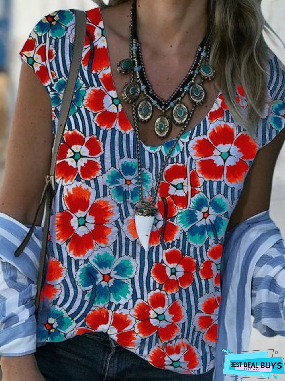 Floral Sleeveless V Neck T-shirt