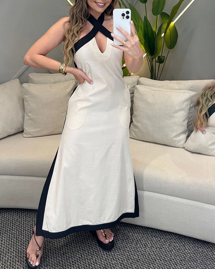 Women's contrast color halter neck hollow dress