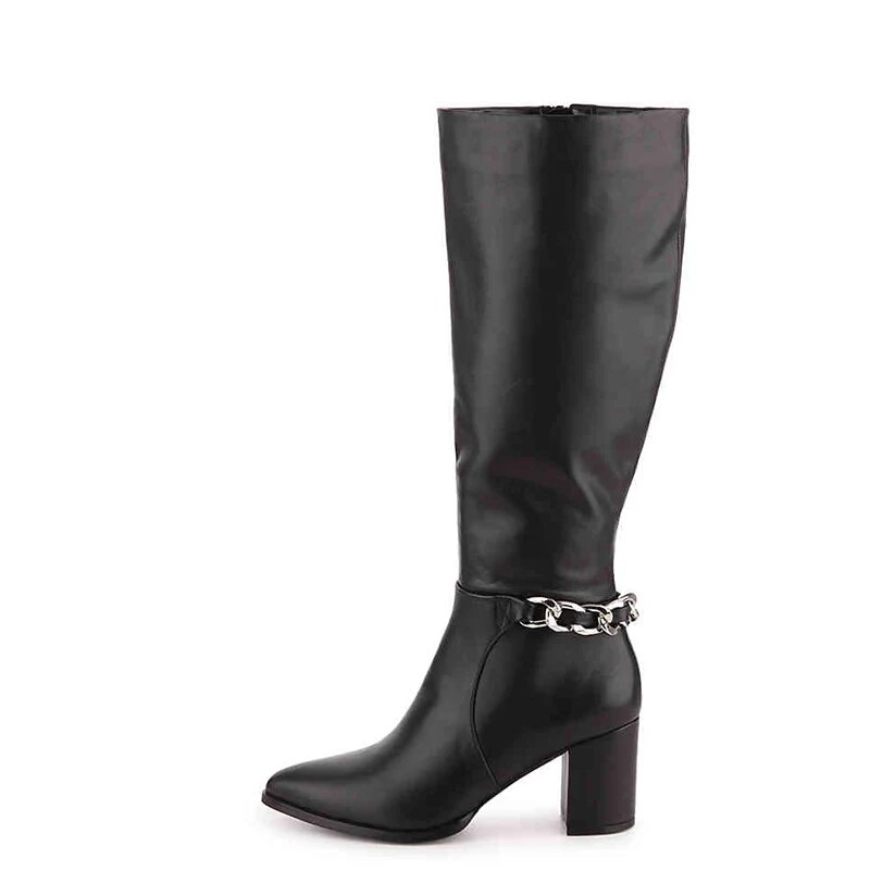 TAAFO Black High Square Heels Knee Boots Pointed Toe Metal Decorative Chain Women Shoes