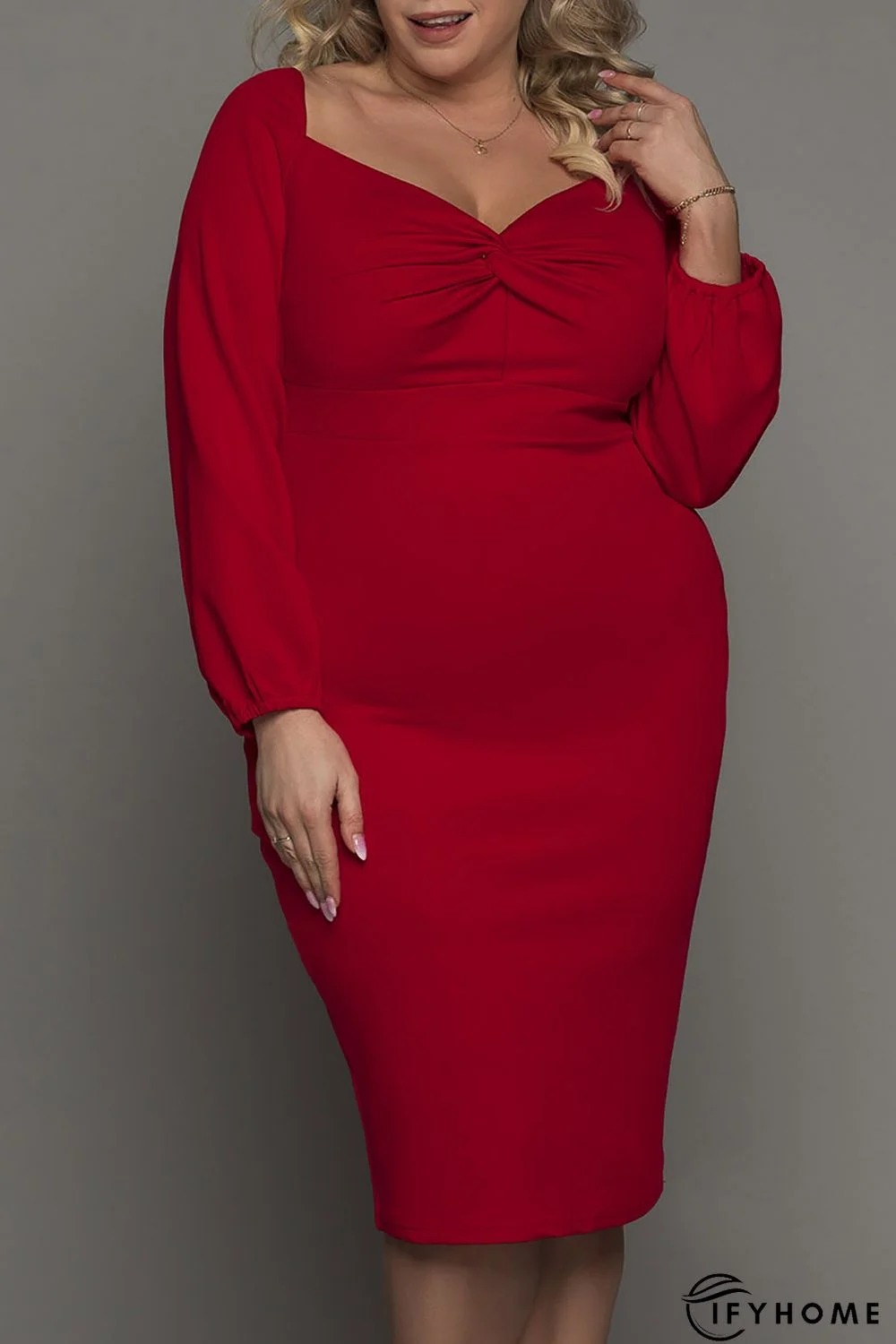 Red Long Sleeve Front Knot Plus size Midi Dress | IFYHOME