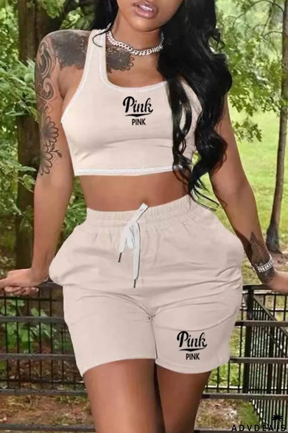 Blue Casual Print Letter U Neck Sleeveless Two Pieces