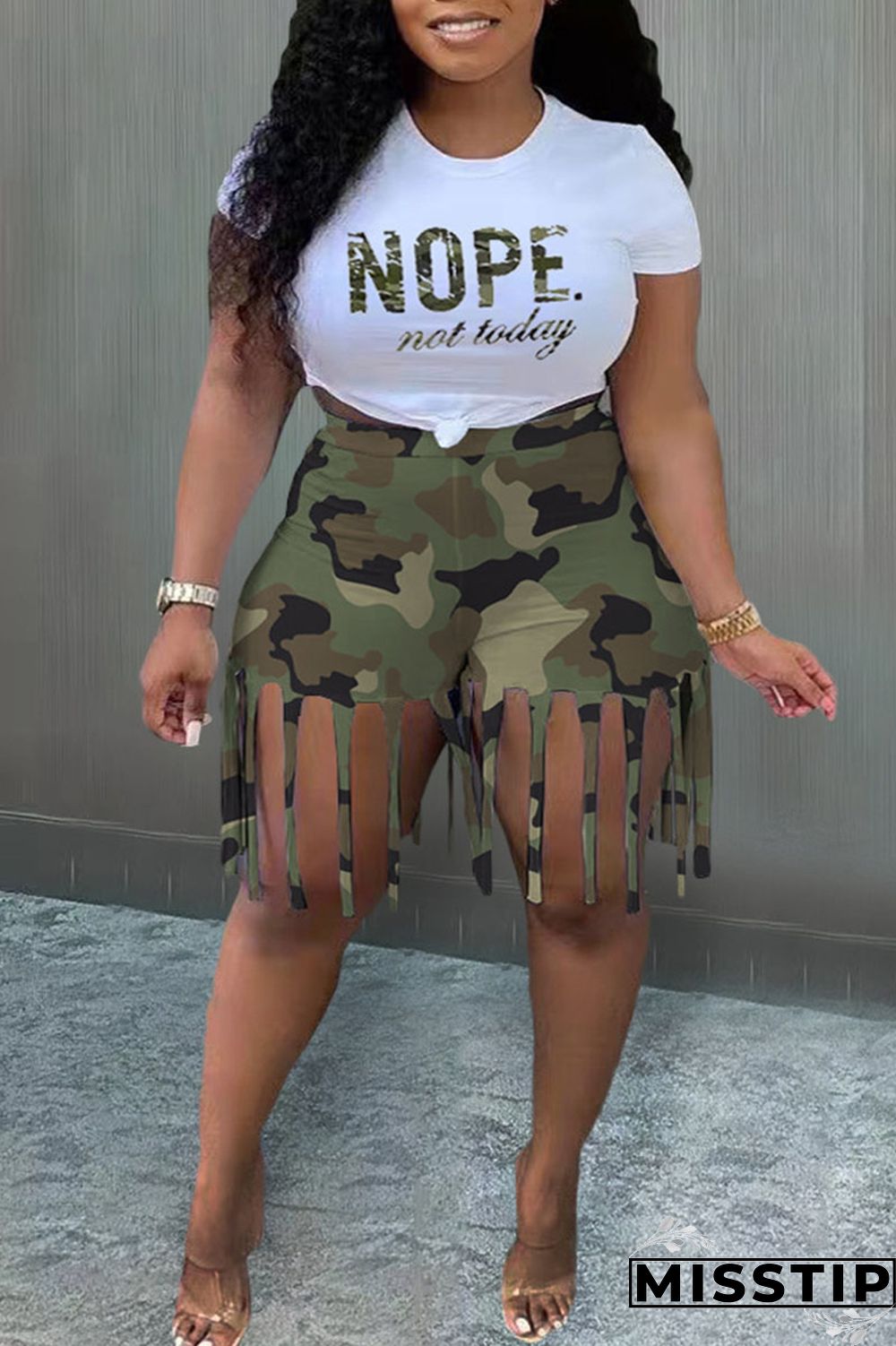 Black White Casual Street Print Tassel Patchwork O Neck Plus Size Two Pieces