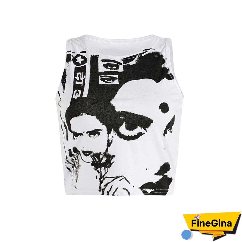 Gothic Portrait Print T-shirt Aesthetic Short Sleevle Sweats Tees Harajuku Streetwear White Crop Top Women Clothes