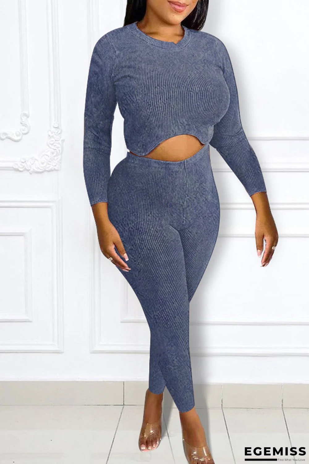Blue Casual Solid Patchwork Asymmetrical O Neck Long Sleeve Two Pieces | EGEMISS