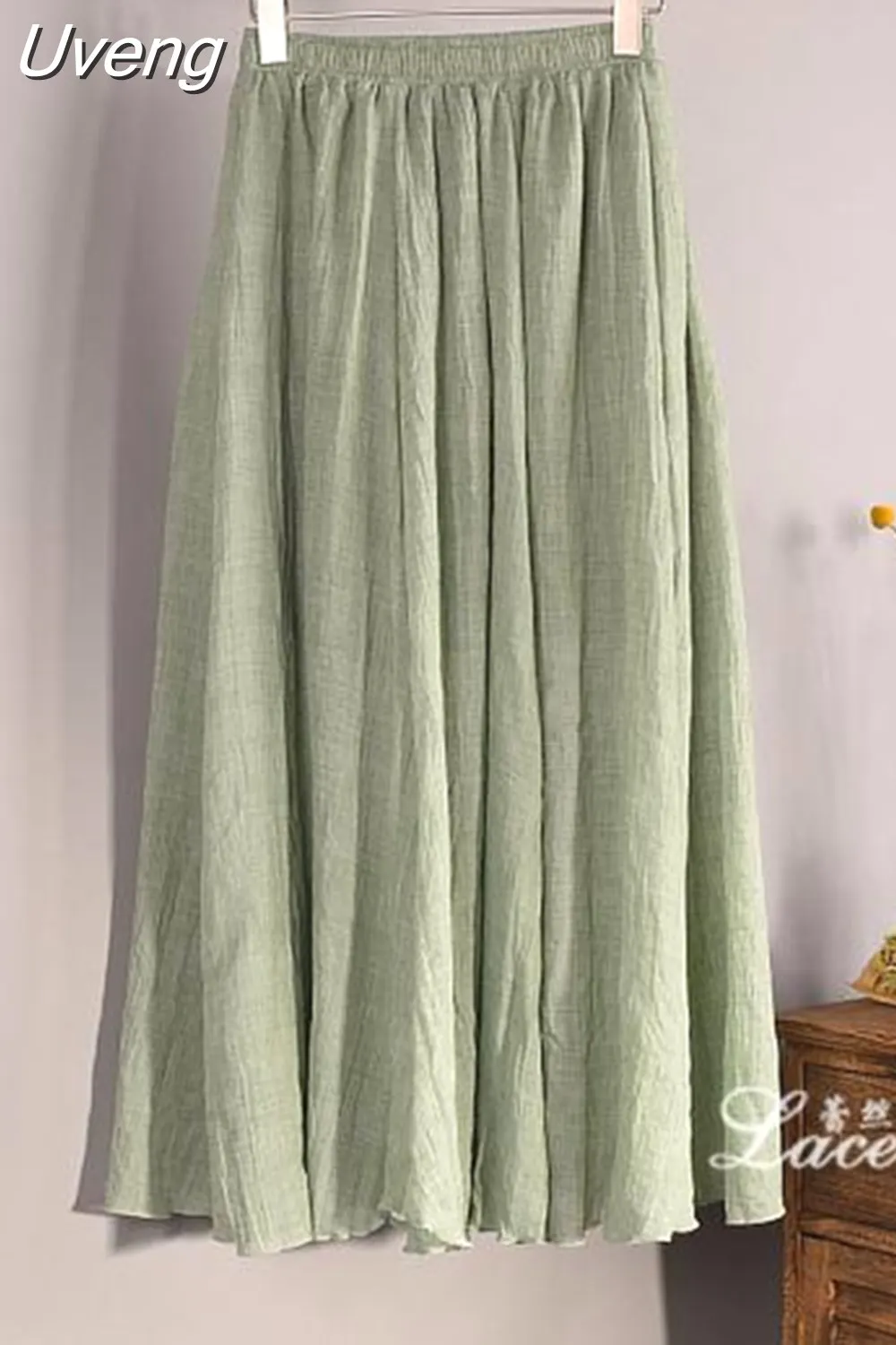 Uveng Women's Elegant 16 Color High Waist Elastic Waist Linen Pleated Long Skirts Ladies Slim Casual Skirt Saias New 2023 Summer SK05