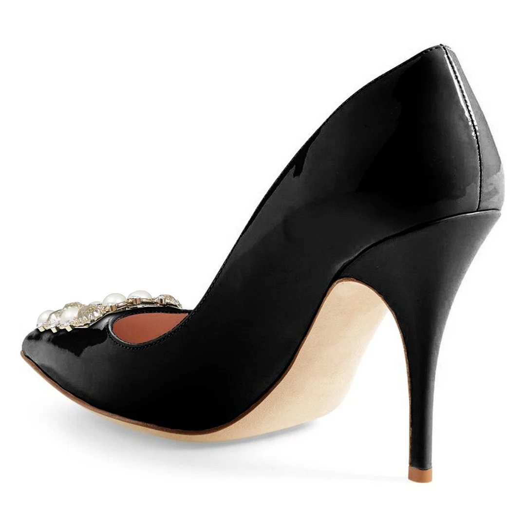 Black Pointed Toe Pearl and Rhinestone Elegant Stiletto Heels